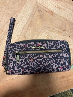 Travelon Leopard-Print Wristlet Wallet in Black, Pink and Orange Accents